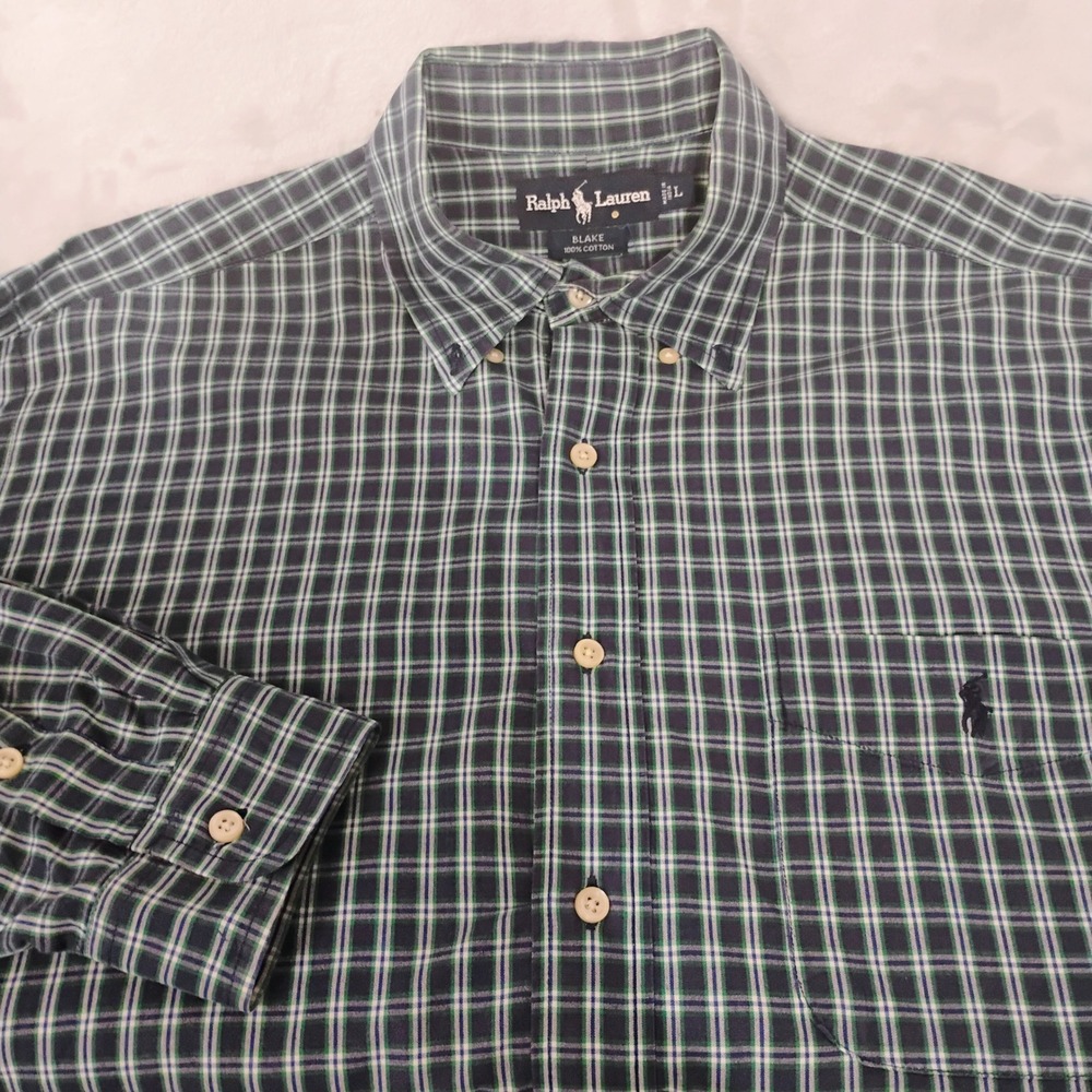 Ralph Lauren Blake Shirt Mens Large Green Navy Plaid Cotton Button Long Sleeve X